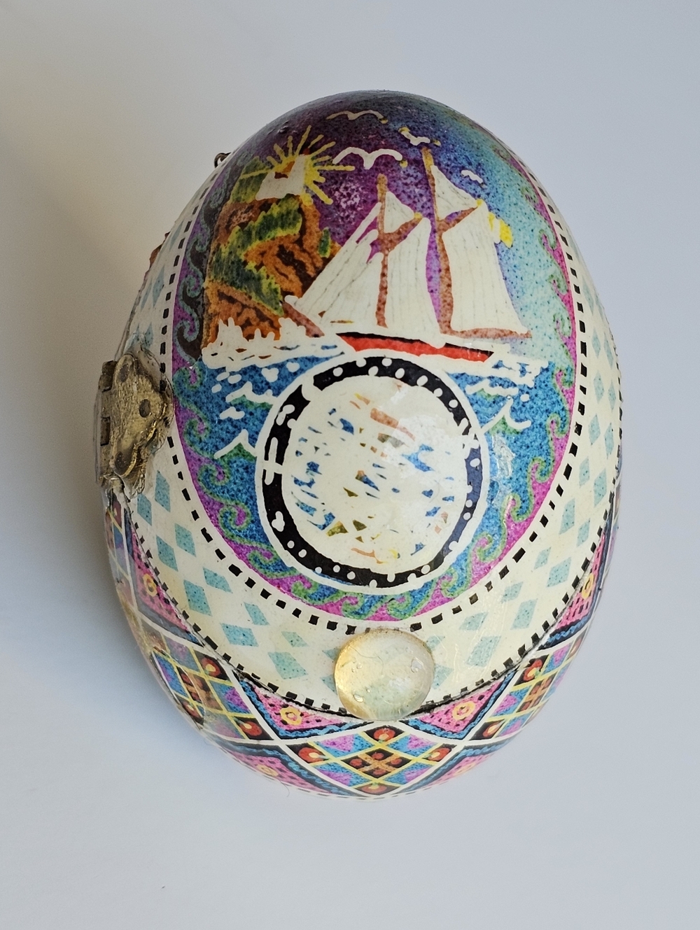 Beautiful Handcrafted Blue Pysanka Real Goose Egg Weighted & Hinged Jewelry Box